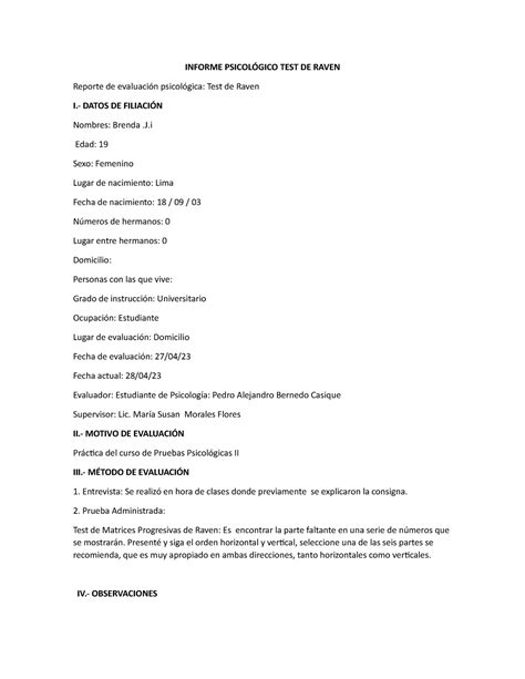 Ta Pruebas Psicologicas Ii Test De Raven Informe Psicol Gico Test