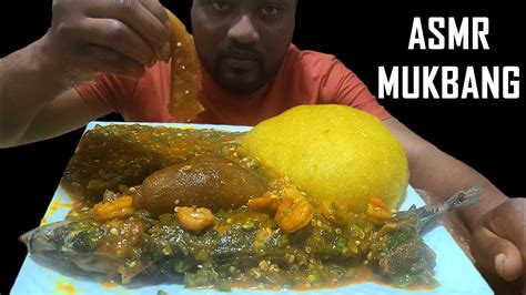 Mouth Watering Okra Soup Assorted Meat Mackerel Fish With Fufu Asmr