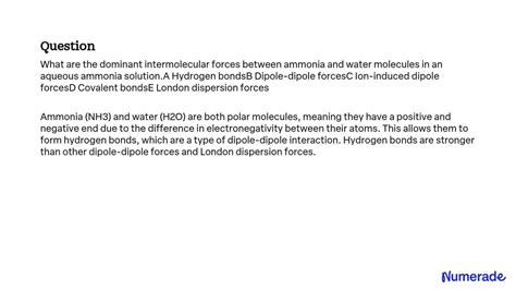 Solved What Are The Dominant Intermolecular Forces Between Ammonia And Water Molecules In An