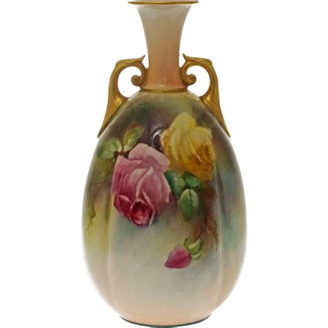 Antique Royal Worcester Hadley Roses Signed Cabinet Vase Antique Lobed Porcelain Twin Handles