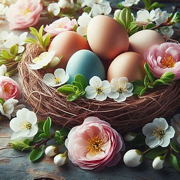 Colorful Easter Eggs In Nest With Spring Flower Background Colorful