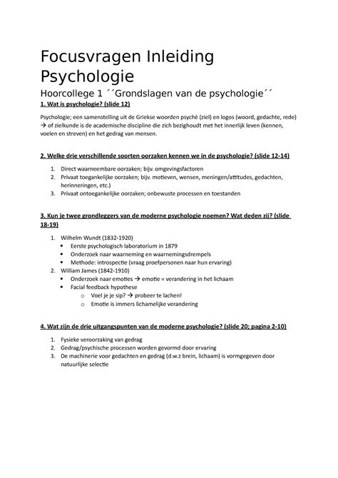 Focusvragen Inleiding Psychologie Focusvragen Inleiding Psychologie