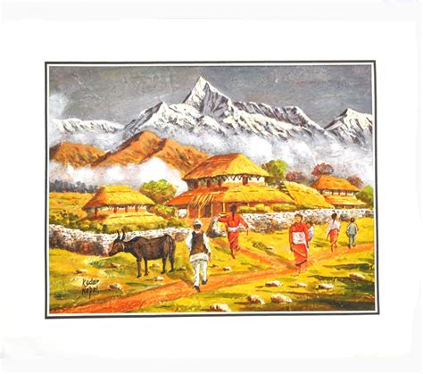 Art And Paintings Oil Painting Of Scene Of Pokhara Village Artisan