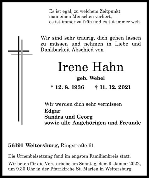 Traueranzeigen Von Irene Hahn Rz Trauer De