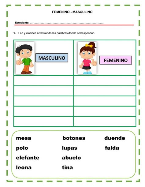 Femenino masculino worksheet Honestidad para niños Frases de