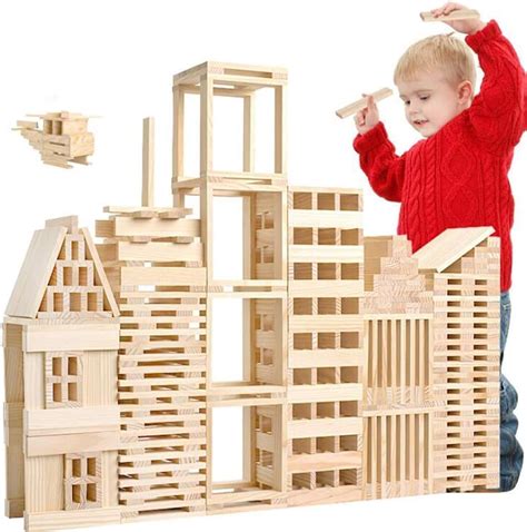 100pcs Jouet de Construction en Bois Naturel Puzzle à Planchettes Jeux