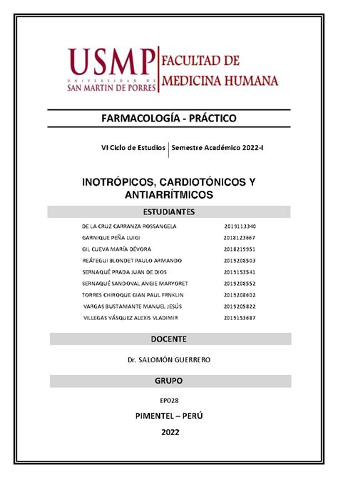 Informe S7 Fármaco PRAC FARMACOLOGÍA PRÁCTICO VI Ciclo de Estudios