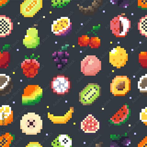 Pixel fruits pattern. Seamless print of pixelated cartoon fruits and ...