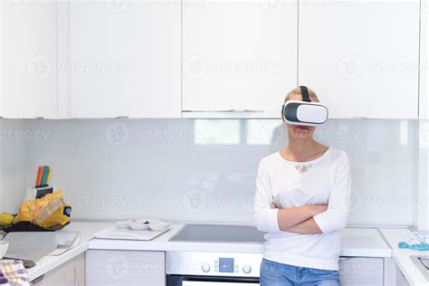 Woman Using Vr Headset Glasses Of Virtual Reality 10991104 Stock Photo