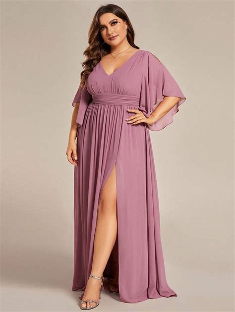 Ever Pretty Plus Flounce Sleeve Split Thigh Chiffon Bridesmaid Dress