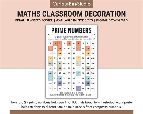 Prime Numbers Poster Maths Classroom Wall Art Prime Numbers Between 1 To 100 Boho Wall Art Etsy