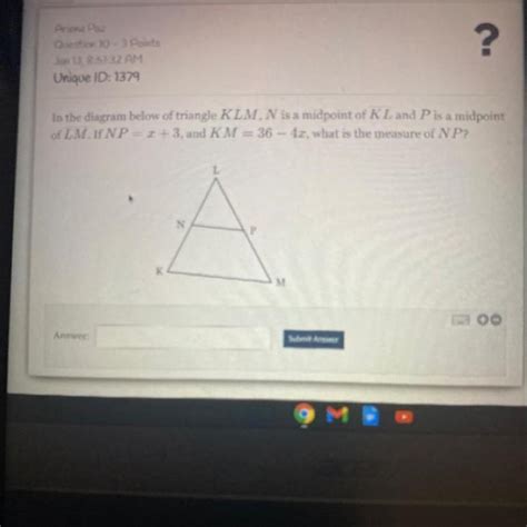 In The Diagram Below Of Triangle Klm N Is A Midpoint Of K L And P Is A