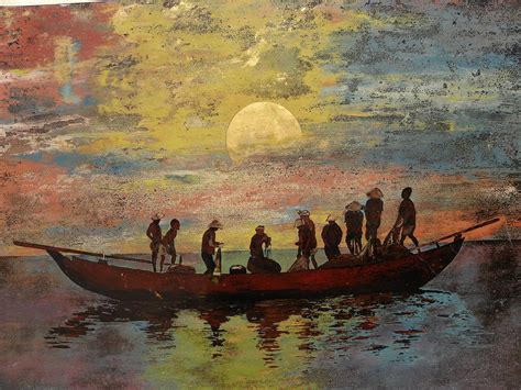 Vietnamese lacquer painting of men in a sampan boat at sunset from jbfinearts on Ruby Lane