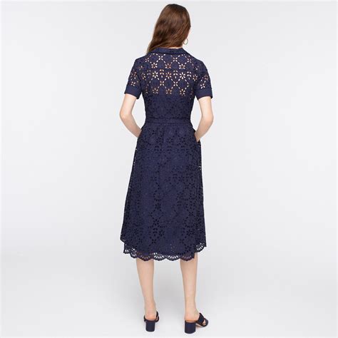 J Crew Cotton Short Sleeve A Line Dress In Embroidered Eyelet In Navy