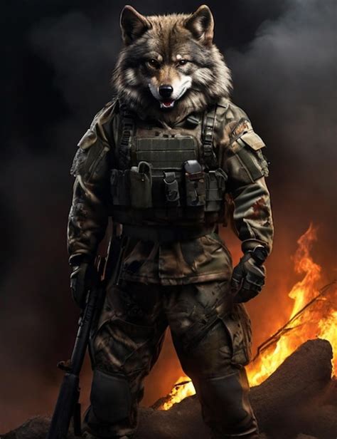 Premium AI Image Wolf In Military Uniform