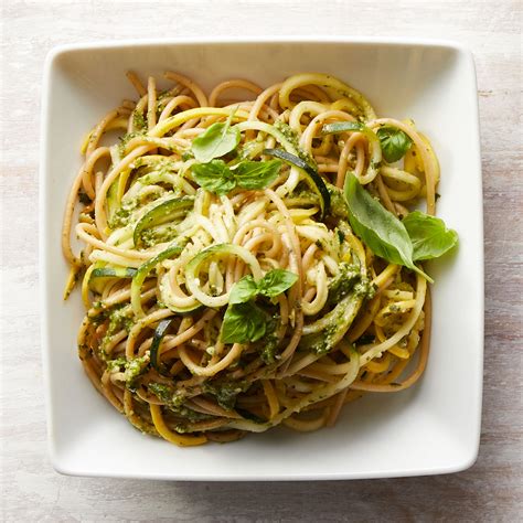 Spaghetti Zucchini Noodles With Basil Walnut Pesto Recipe Eatingwell