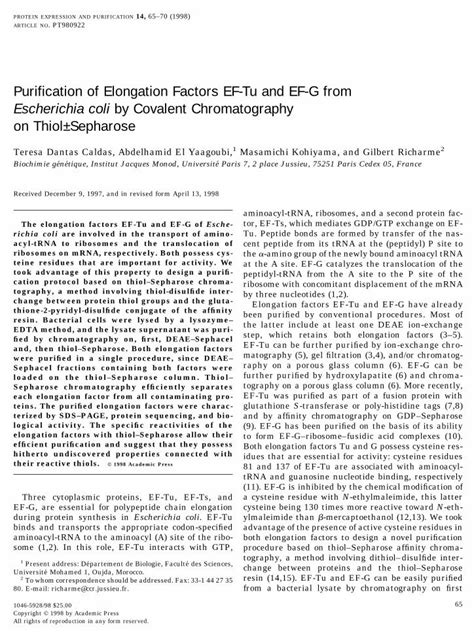 PDF Purification Of Elongation Factors EF Tu And EF G FromEscherichia