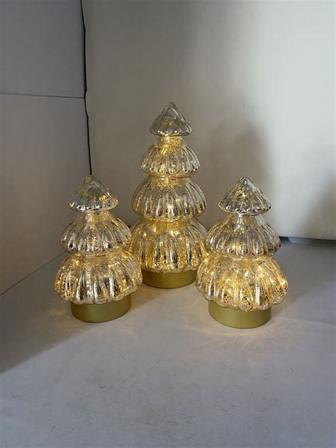 Lighted Mercury Glass Trees Set Of Three Holiday Decor Tall 11