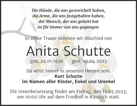 Traueranzeigen Von Anita Schutte Abschied Nehmen De