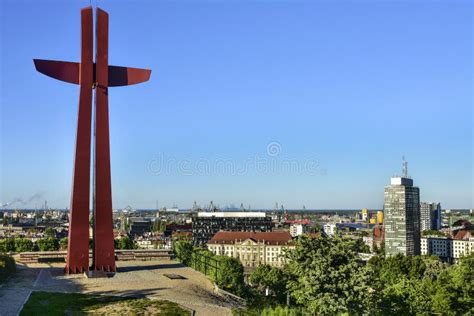 Panorama Of The City Of Gdansk Cross On Mount Gradowa Poland Stock