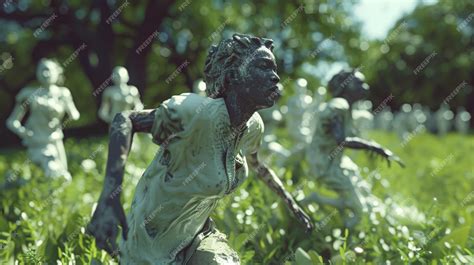 Premium Photo | A group of creepy statues are in the grass