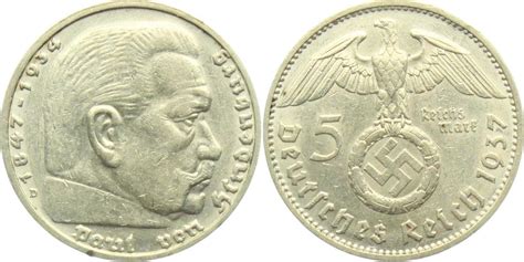 Drittes Reich 5 Reichsmark 1937 D Hindenburg Mit Hakenkreuz Ss Vz