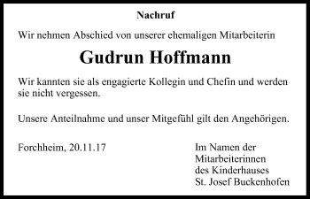 Gudrun Hoffmann Traueranzeige Trauer InFranken De