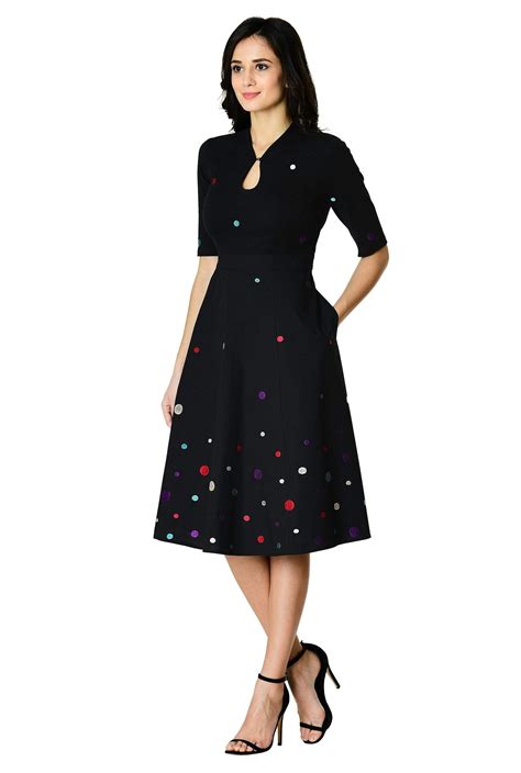 EShakti FX Polka Dot Embellished Cotton Knit And Poplin Dress