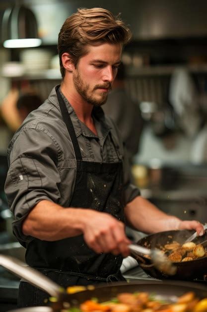 Premium Photo Bfocused Male Chef Cooking In A Commercial Kitchen