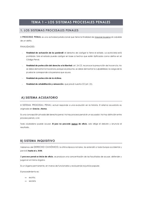 TEMA 1 Derecho Procesal Penal TEMA 1 LOS SISTEMAS PROCESALES