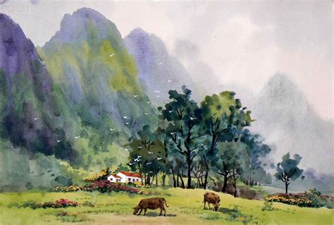 Chinese Painting Mountains Trees Watercolor Chinese Painting