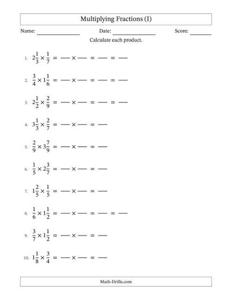 Multiplying Proper And Mixed Fractions With Some Simplification Fillable I