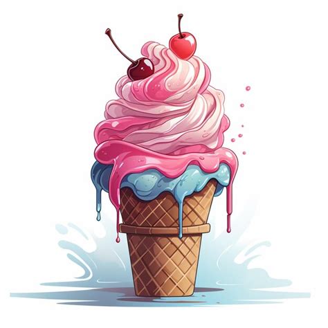 Cartoon Ice Cream Cone With Pink And Blue Icing And Cherry On Top