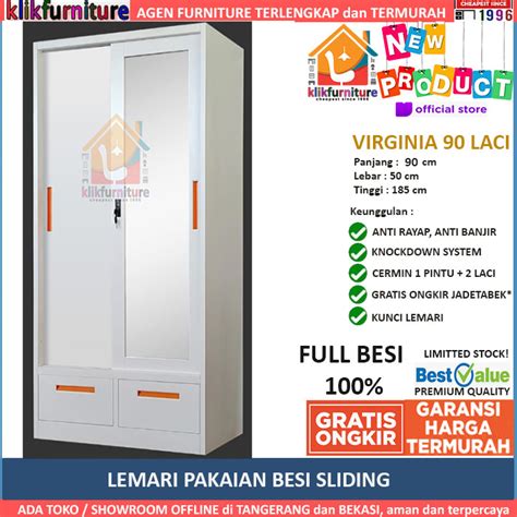 Lemari Pakaian Full Besi Pintu Sliding 2 Laci Brankas VIRGINIA 90