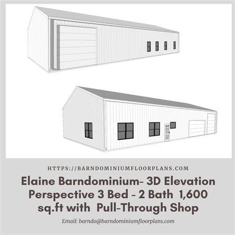 Elaine Barndominium 3d Elevation 1600 Sq Ft Features A Large Island