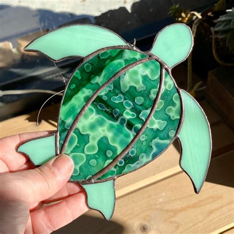 Handcrafted Stained Glass Sea Turtle Suncatcher In Dark Green Etsy