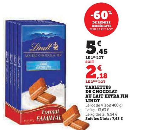 Promo Tablettes De Chocolat Au Lait Extra Fin Lindt Chez Super U