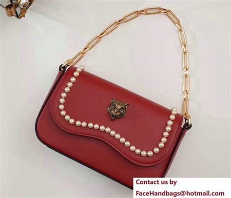 Gucci Pearl Embellished Tiger Broadway Chain Shoulder Bag 476804 Red