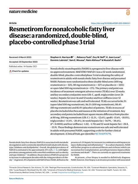 Pdf Resmetirom For Nonalcoholic Fatty Liver Disease A Randomized