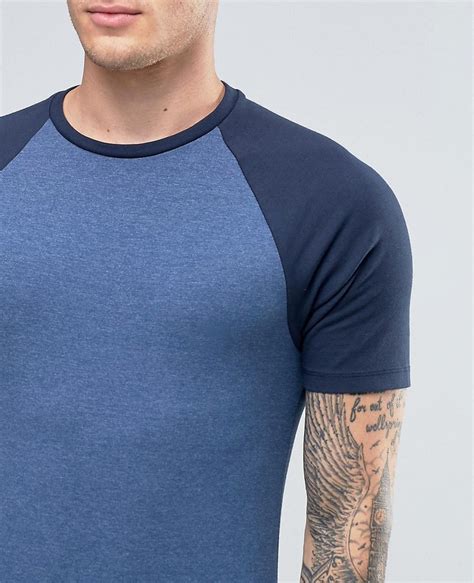 Longline Muscle T Shirt With Contrast Raglan Sleeves In Blue