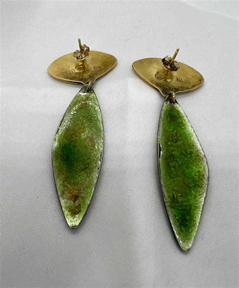 K Gold Hand Enameled Chinese Artist Dangle Earrings Gem