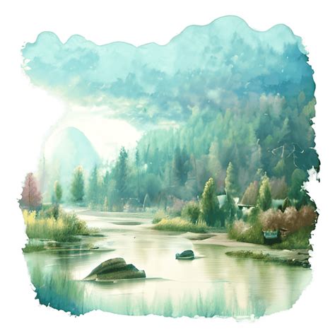 River Landscape Original Watercolor Painting · Creative Fabrica