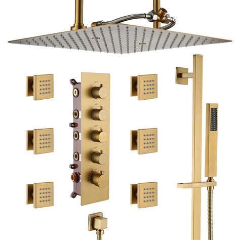 Mondawe 16 Inch Thermostatic Shower System In Brushed Gold Ceiling