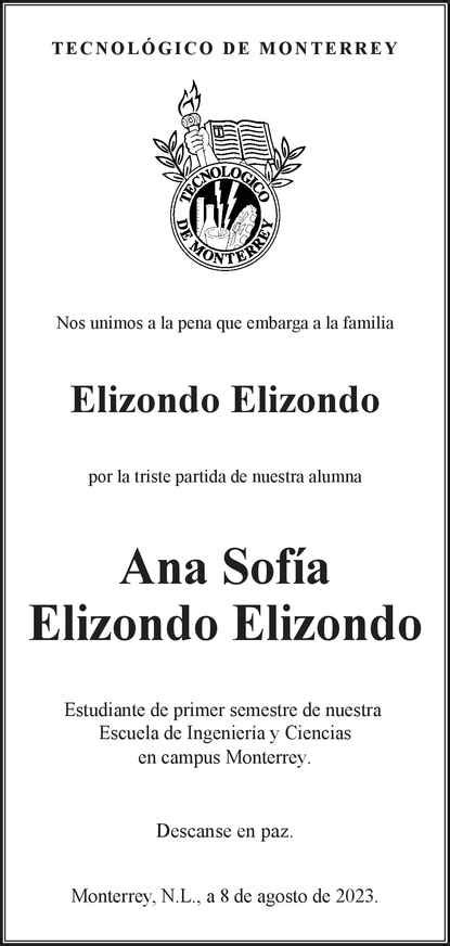 Ana Sofía Elizondo Elizondo Obituario Esquela