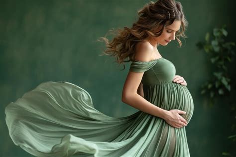 Premium Photo 9 Month Pregnant Woman Wears Fashionable Green Dress