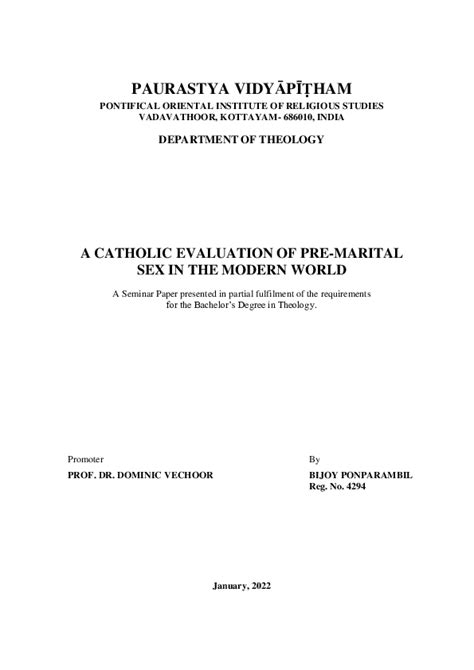 Pdf A Catholic Evaluation Of Pre Marital Sex In The Modern World Bijoy Thomas