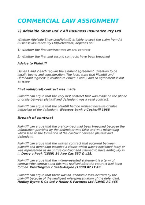 Commercial Law Assignment Commercial Law Assignment 1 Adelaide Show Ltd V All Business