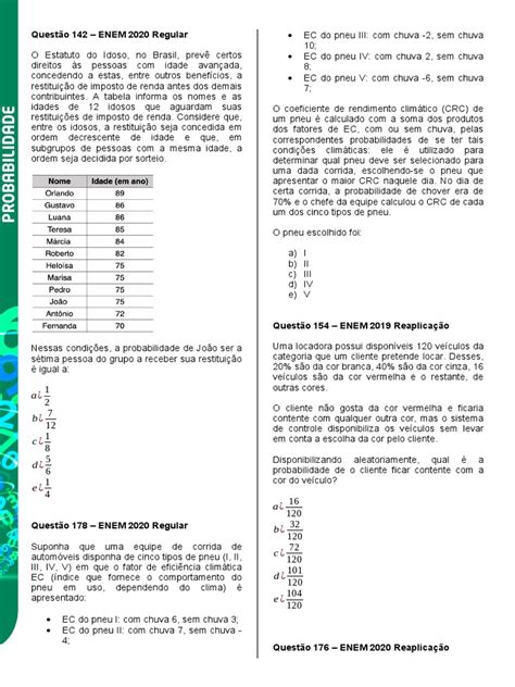 Questões Do Enem Probabilidade - Probabilidade em Questões do ENEM | PDF | Pneu | Probabilidade