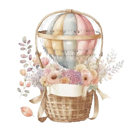Premium Vector Watercolor Illustration Of A Hot Air Balloon With Flowers