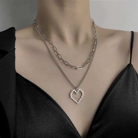 Mosaic Pixel Black Heart Muti Layer Colorfast Titanium Steel Necklace